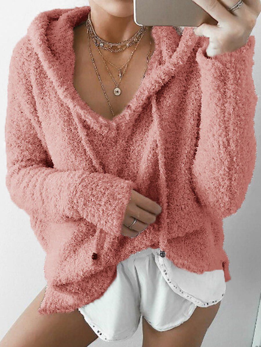 

Drawstring Fuzzy Hoodie, Papaya