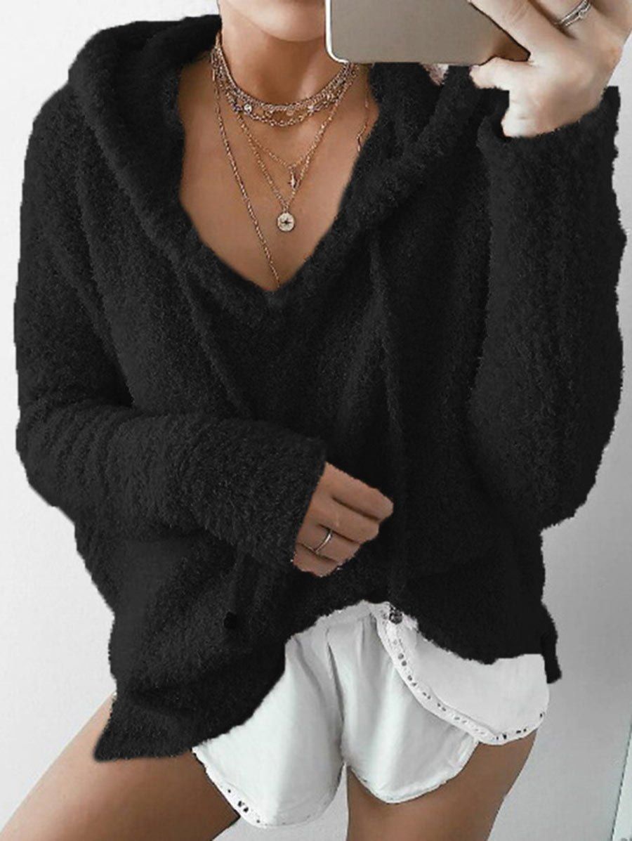 

Drawstring Fuzzy Hoodie, Black