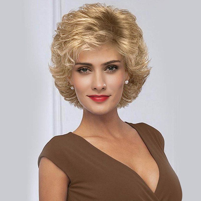 

Short Side Bang Fluffy Tail Upward Slightly Curly Synthetic Wig, Venetian gold