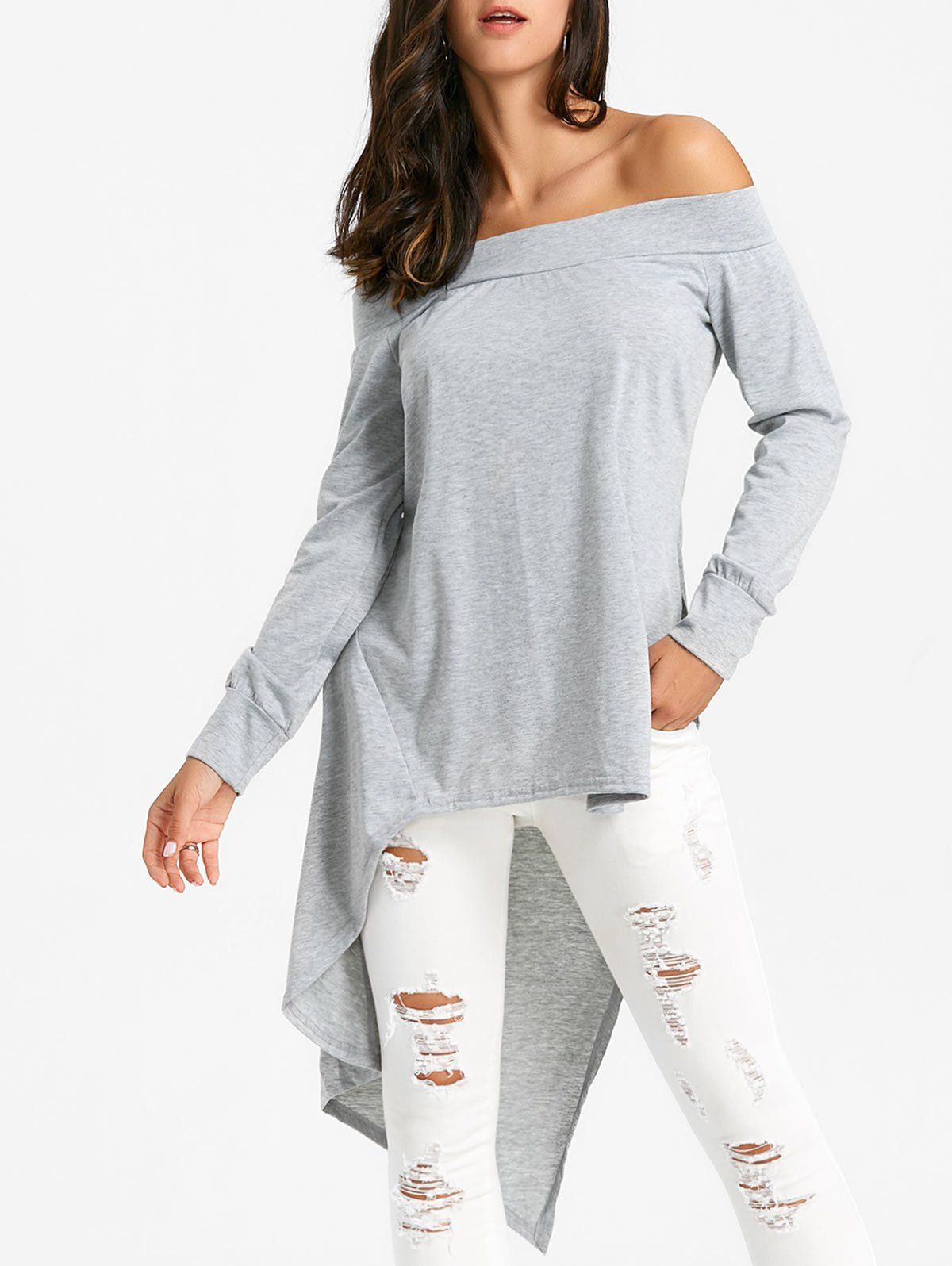 

Off The Shoulder Asymmetric Slit Blouse, Gray