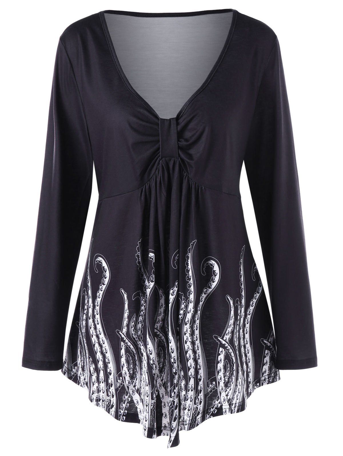 

Plus Size Front Knot Printed Long Sleeve Top, Black