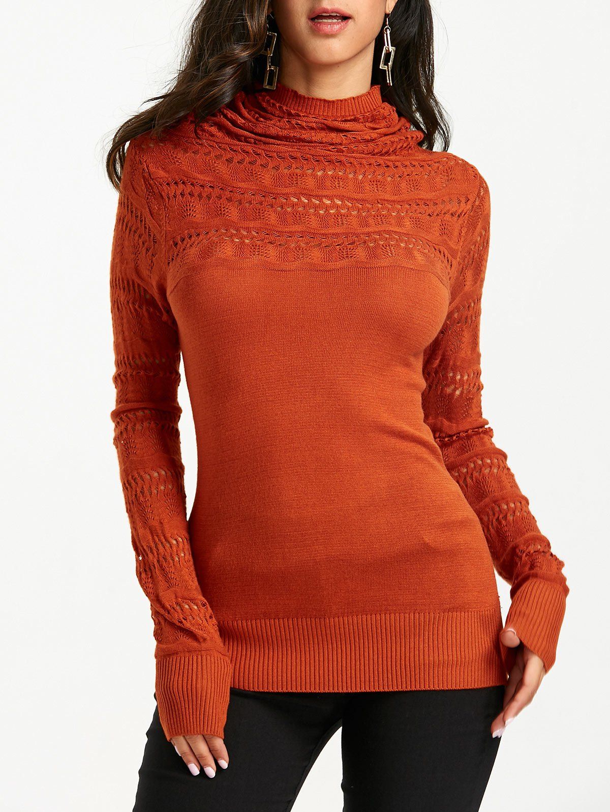 

Cowl Neck Open Knitted Sweater, Red brown