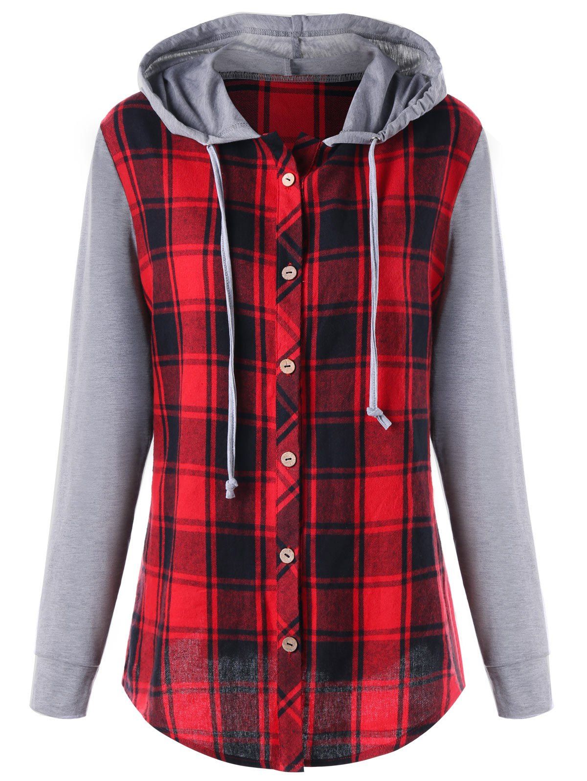 

Plus Size Plaid Panel Long Sleeve Hooded Top, Colormix