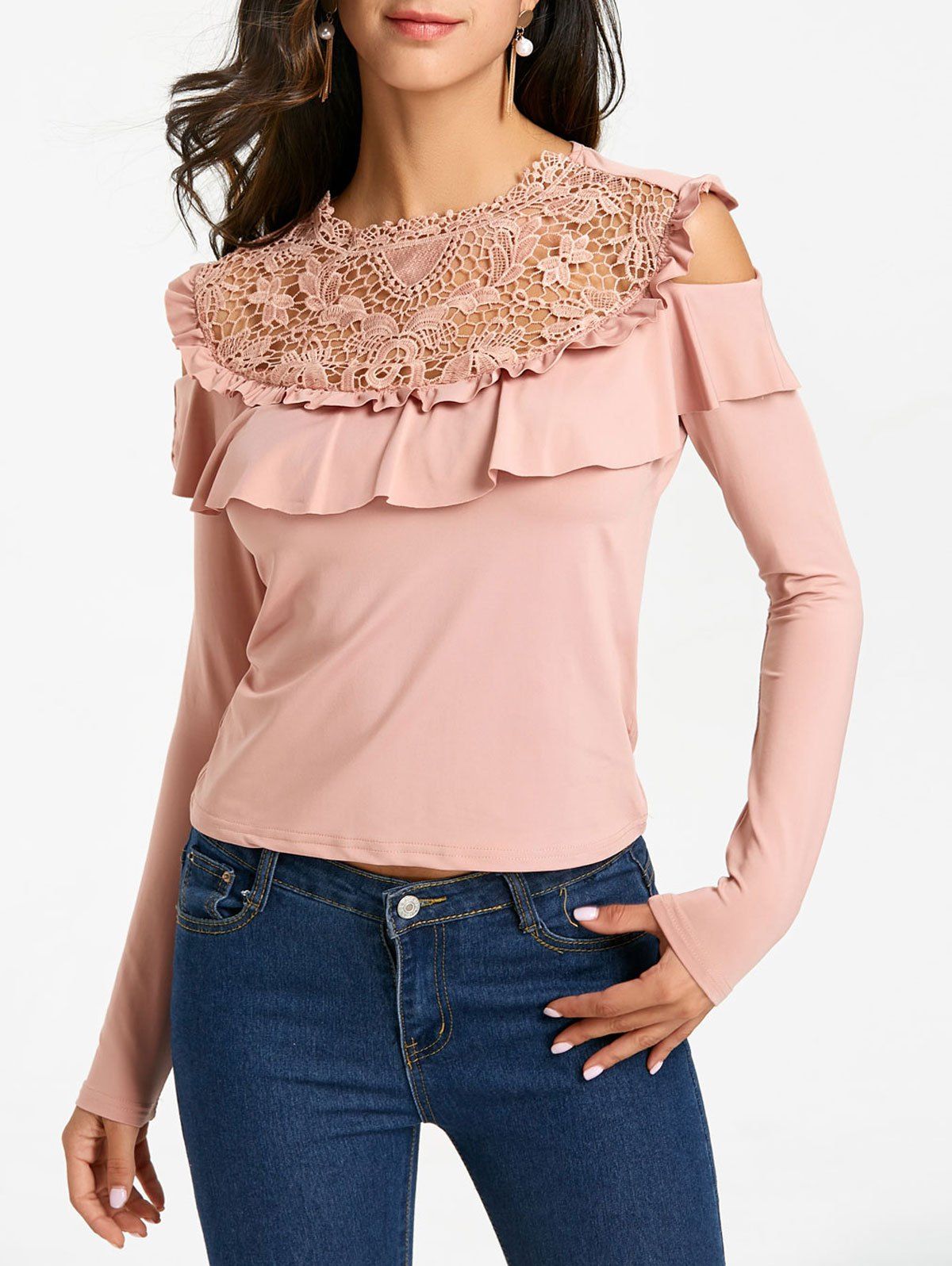 

Ruffle Open Shoulder Hollow Out Blouse, Pink