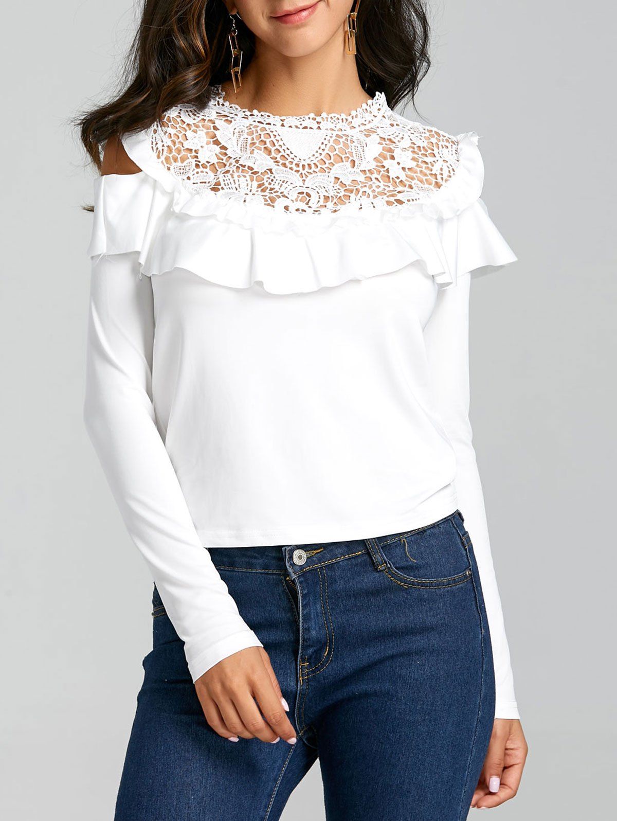 

Ruffle Open Shoulder Hollow Out Blouse, White