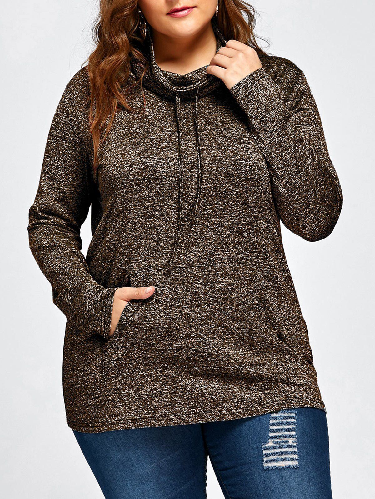 

Plus Size Long Sleeve Drawstring Cowl Neck Top, Coffee
