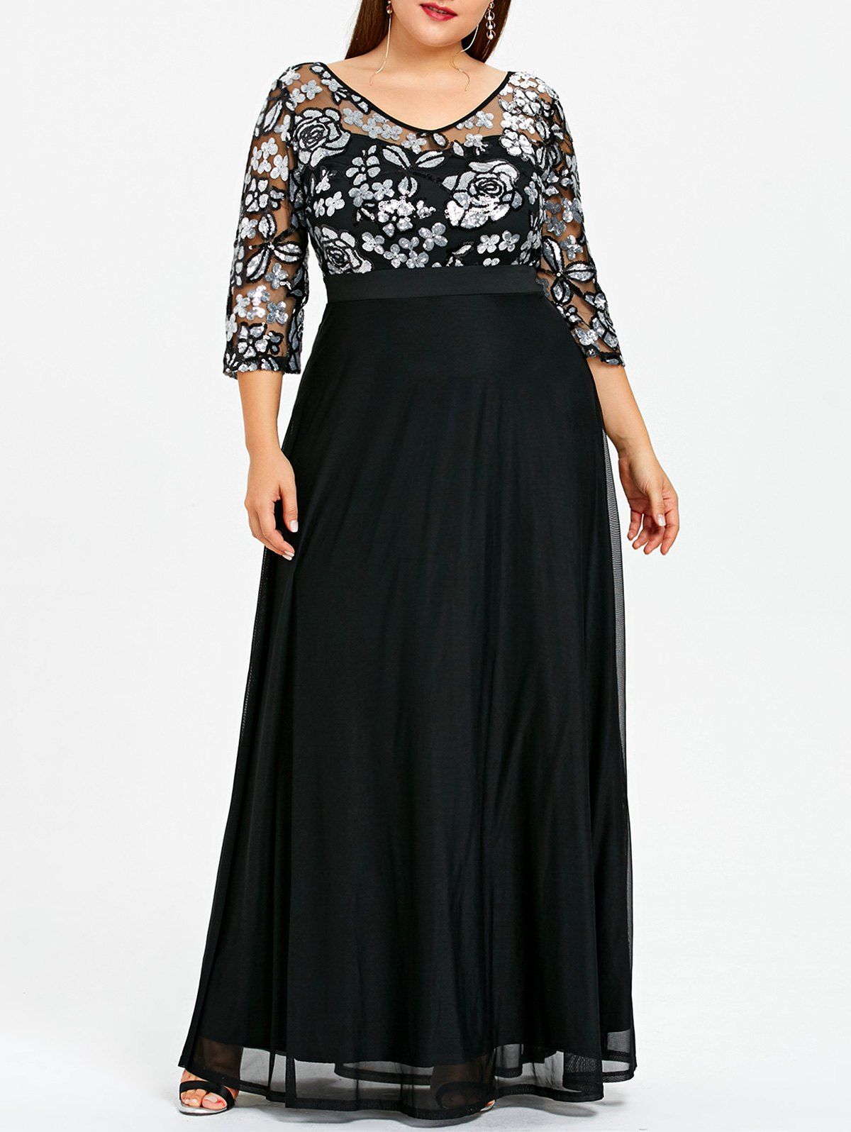 

Plus Size Sequined Floral Sheer Prom Dress, Black