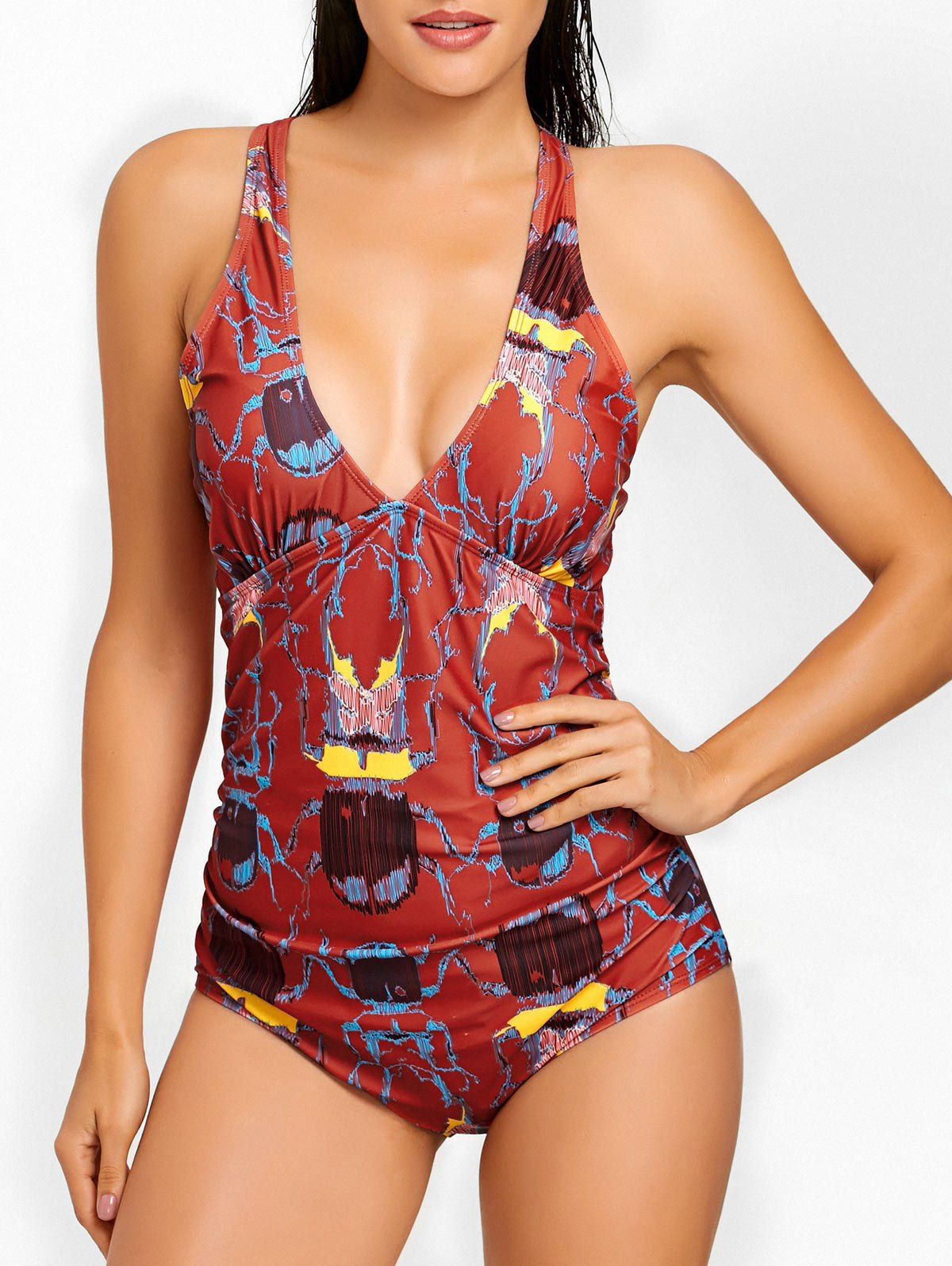

Printed Cross Back Plunge Neck Swimsuit, Red