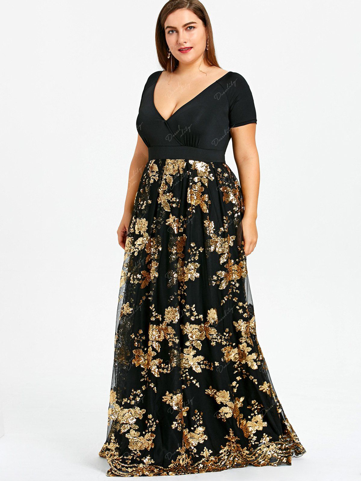 2019 Plus  Size  Sequined Floral  Maxi Formal  Dress  BLACK XL 