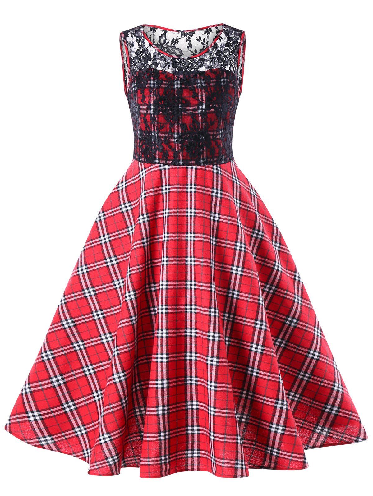 

Lace Trim Plaid Sleeveless Swing Dress, Red