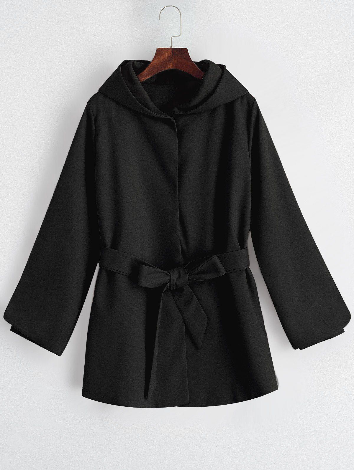 

Belted Hooded Snap Button Coat, Black
