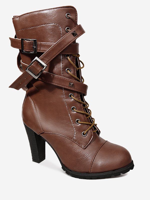 

Wrap Buckle Cone Heel Combat Boots, Deep brown