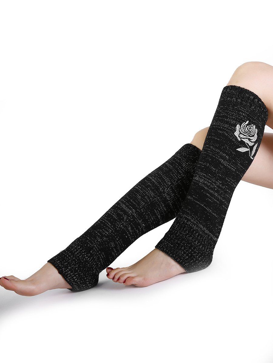 

Vintage Rose Embroidery Decorated Knitted Leg Warmers, Black