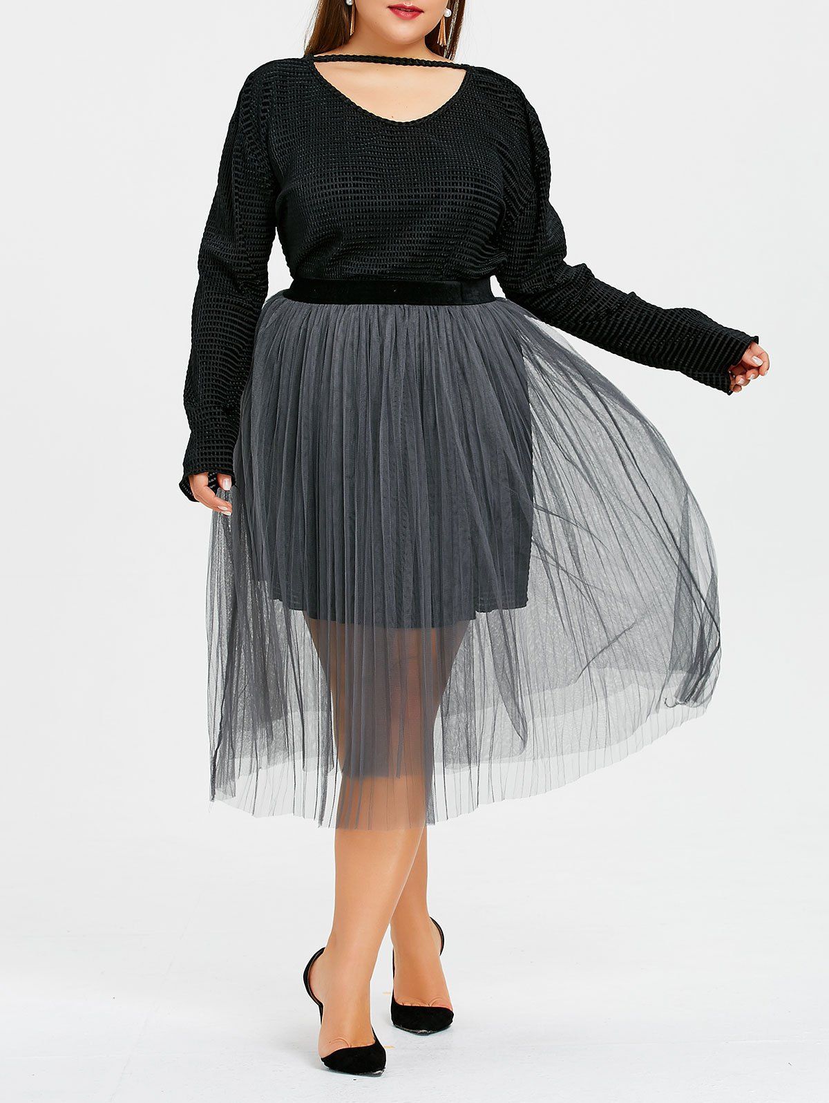 

Plus Size Velvet Choker Dress with Voile Skirt, Black