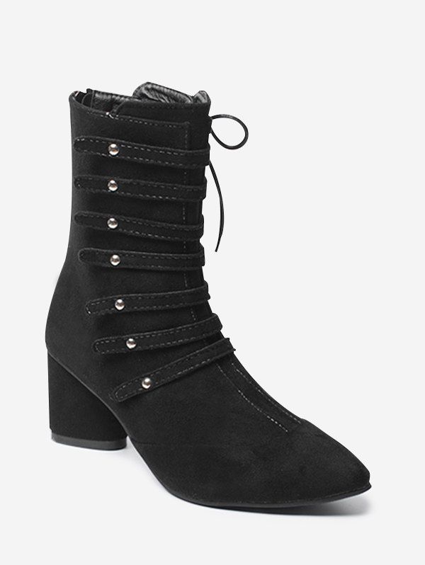 black pointed toe block heel boots