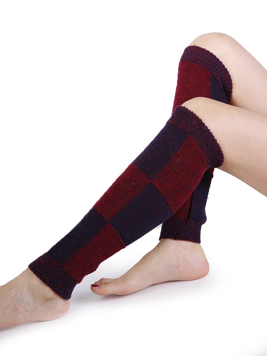 

Checkered Pattern Embellished Color Splice Knitted Leg Warmers, Wine red