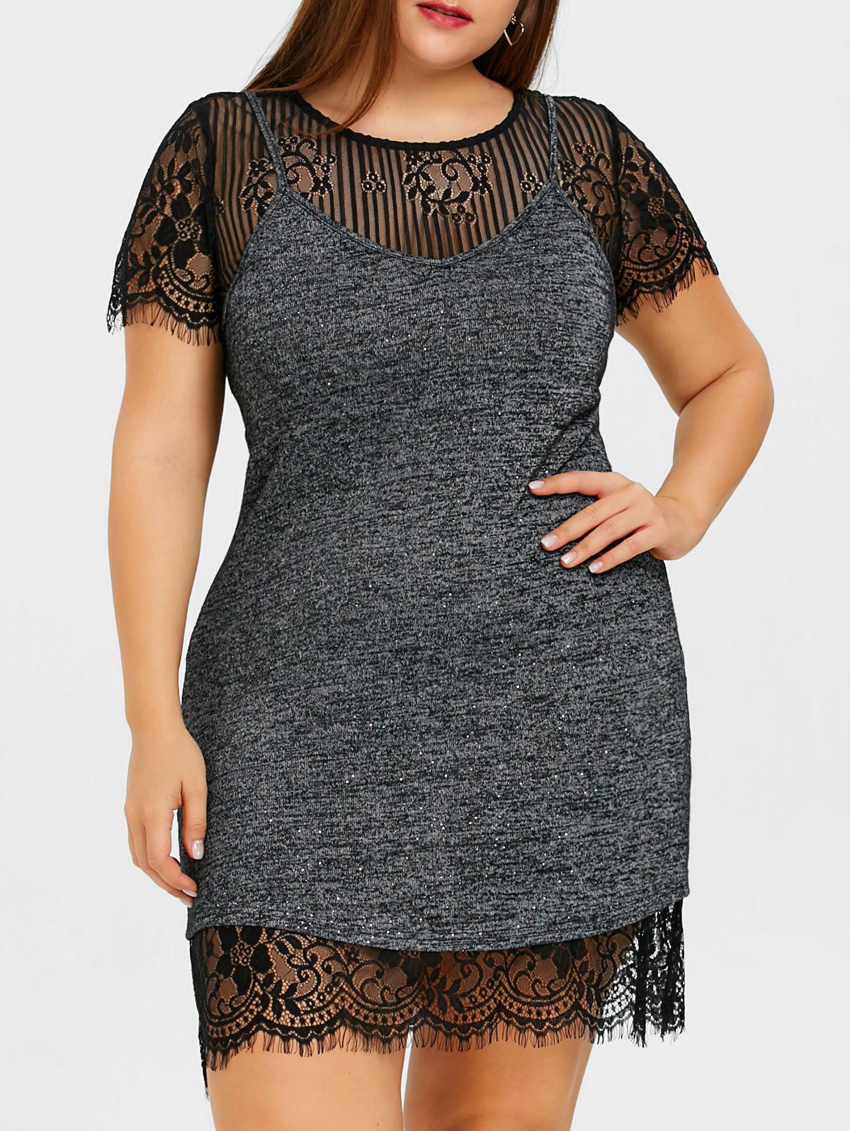 

Plus Size Lace Scalloped Dress with Marled Tank Top, Black and grey