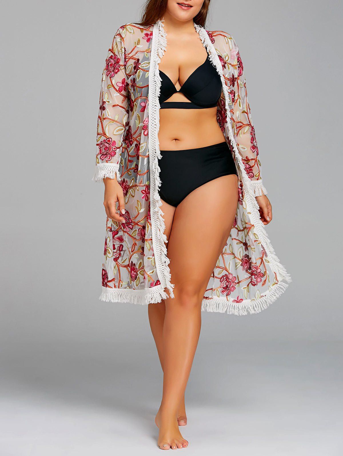 

Embroidery Fringed Plus Size Mesh Cover-up, Colormix