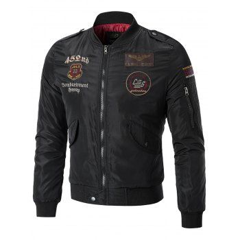 

Patches Sleeve Pocket Embroidered Bomber Jacket, Black