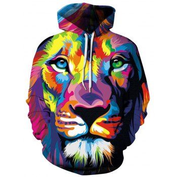 

3D Lion Print Drawstring Hoodie, Colormix