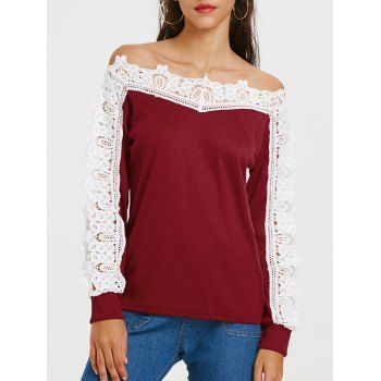 

Long Sleeve Openwork Lace Panel T-shirt, Wine red