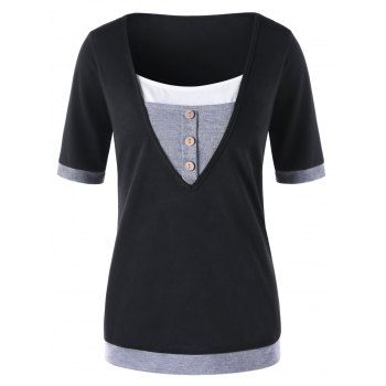 

Short Sleeve Panel T-shirt with Button, Black