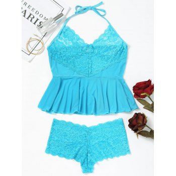 

Lace Insert Mesh Flounce Lingerie Set, Sky blue