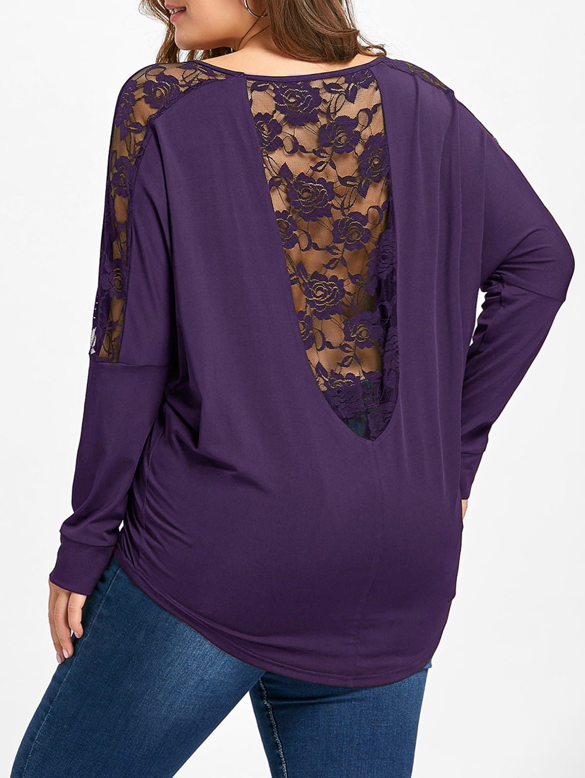 

Plus Size Lace Insert See Thru T-shirt, Purple