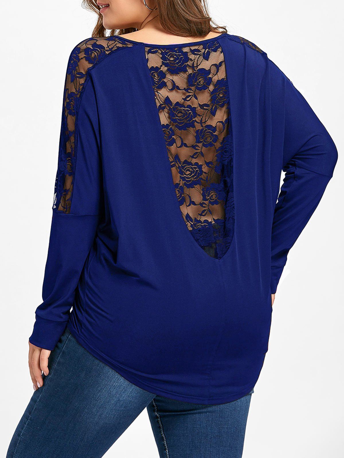 

Plus Size Lace Insert See Thru T-shirt, Royal