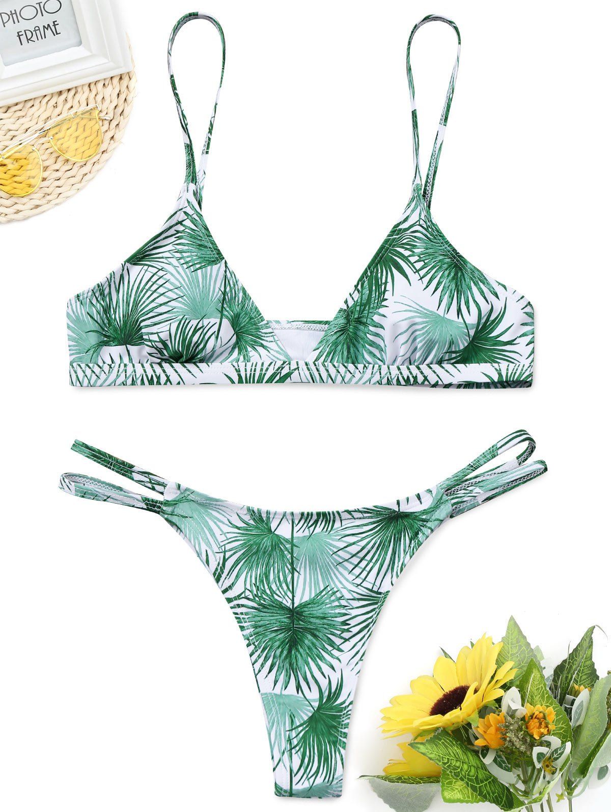 

Leaf Print Cut Out Thong Bathing Suit, Green