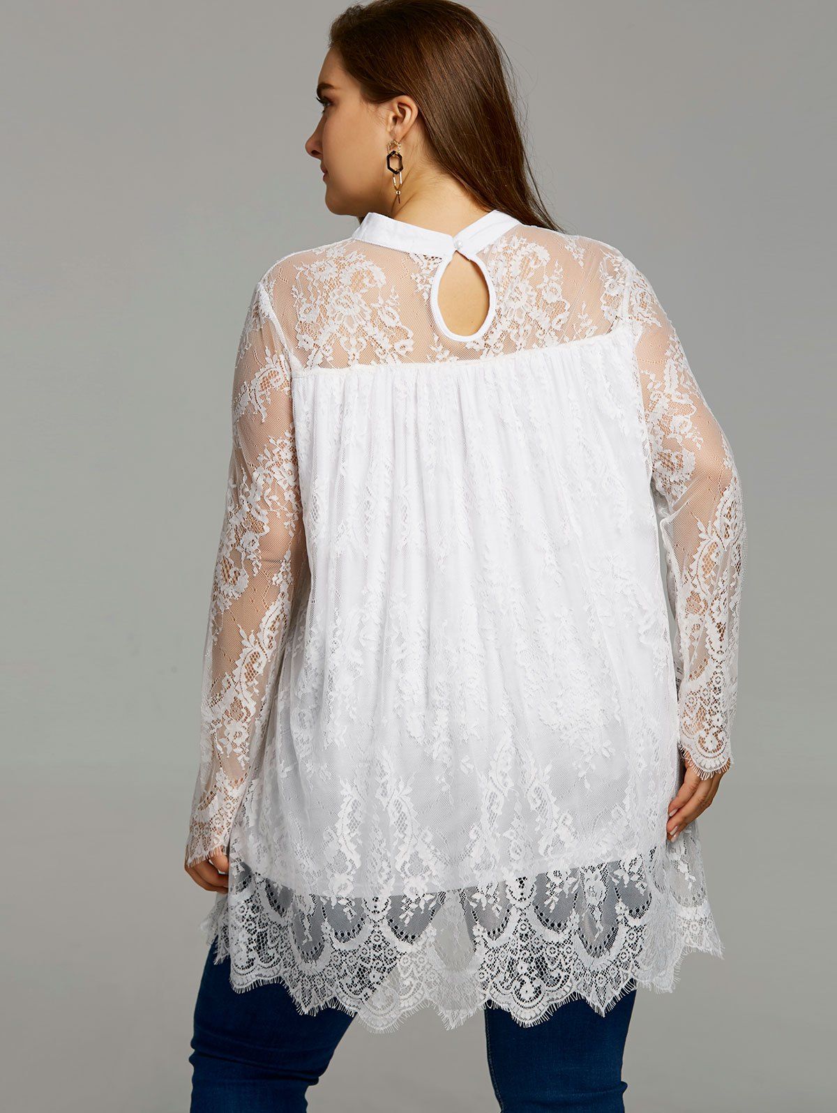 2018 Plus Size Lace Sheer Scalloped Edge Blouse WHITE XL In Plus Size ...