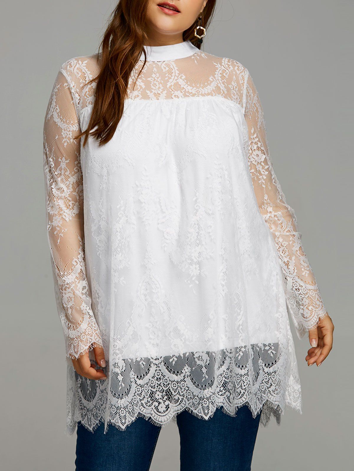 [17% OFF] 2022 Plus Size Lace Sheer Scalloped Edge Blouse In WHITE ...