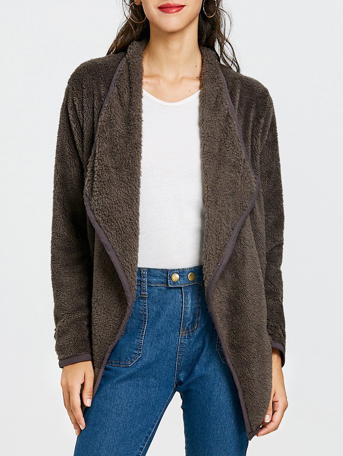 

Drape Front Furry Asymmetrical Jacket, Gray