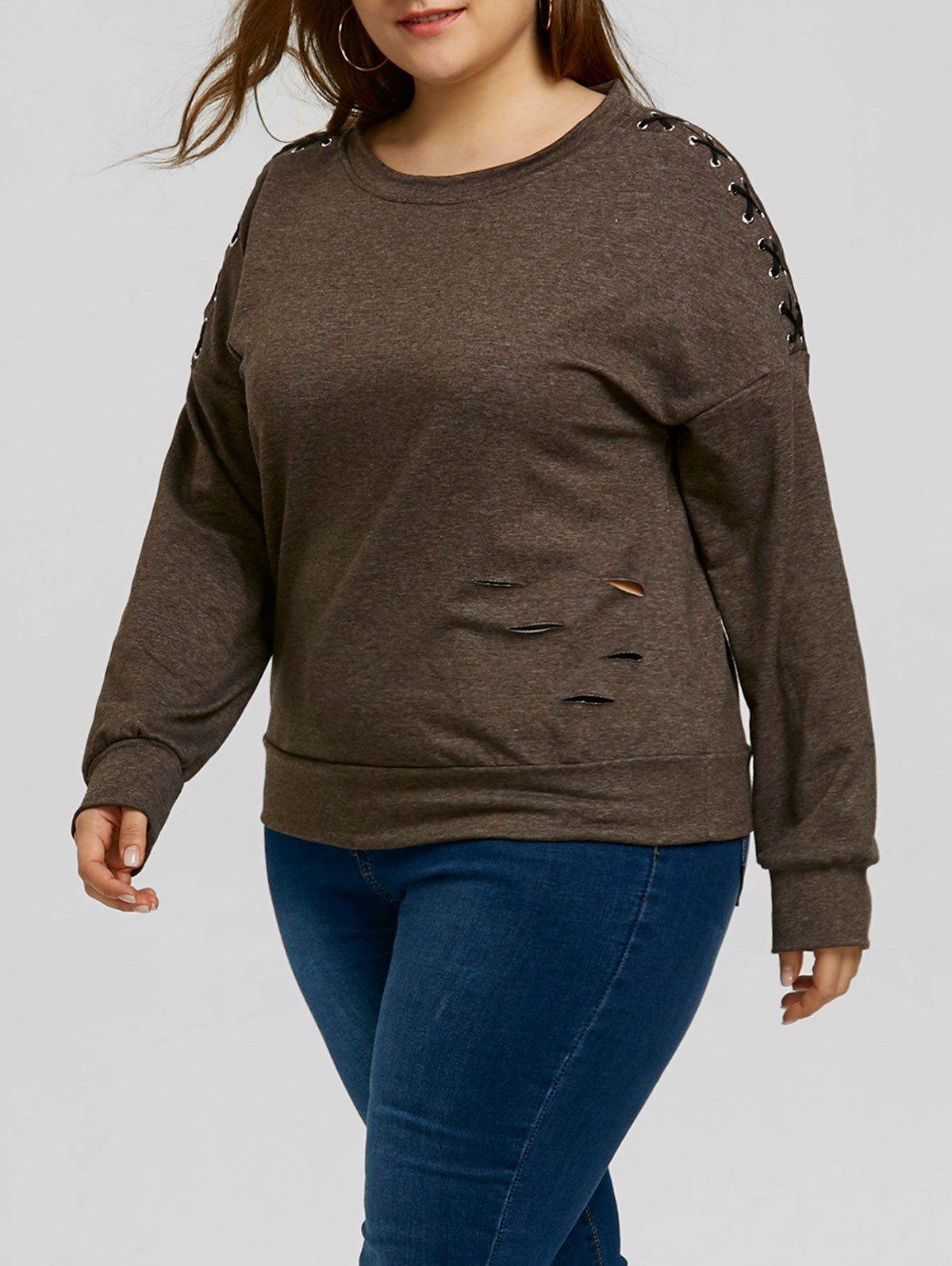 

Plus Size Lace-up Sleeve Ripped Sweatshirt, Dark heather gray