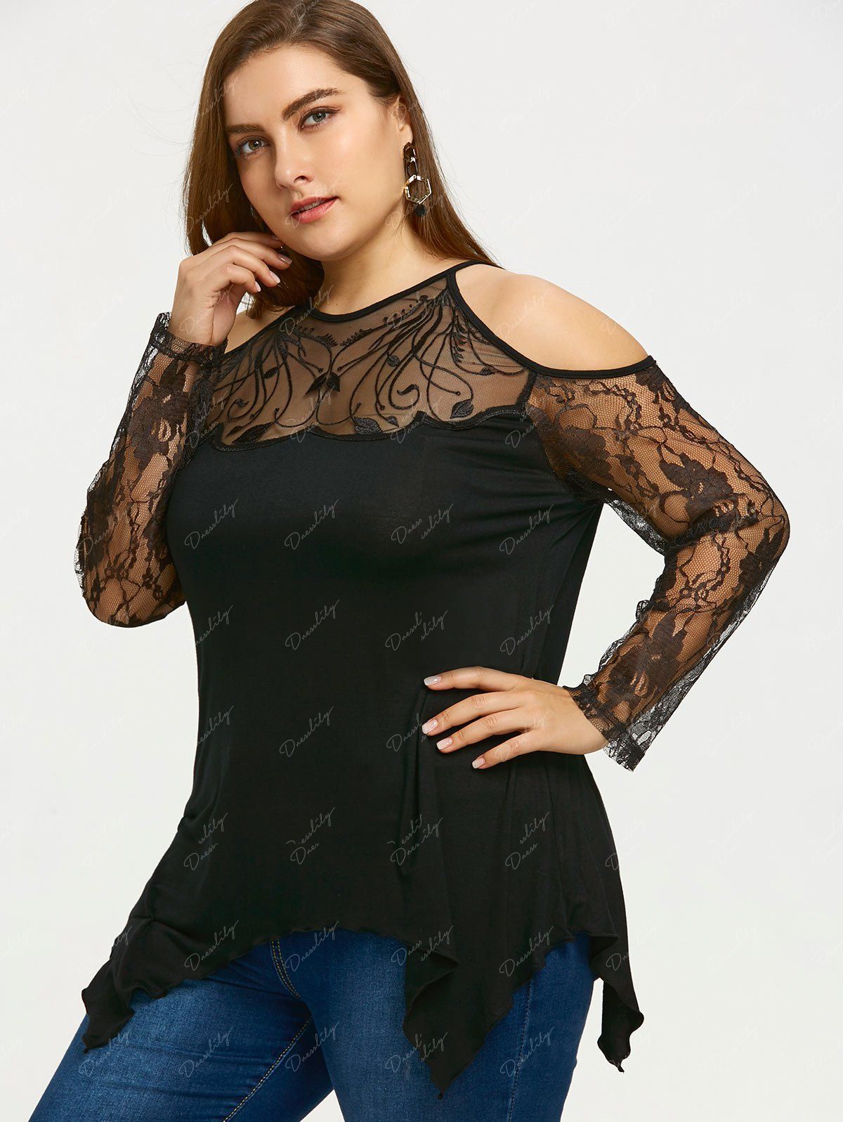 Photo Gallery Plus Size Sheer Cold Shoulder Top 7586