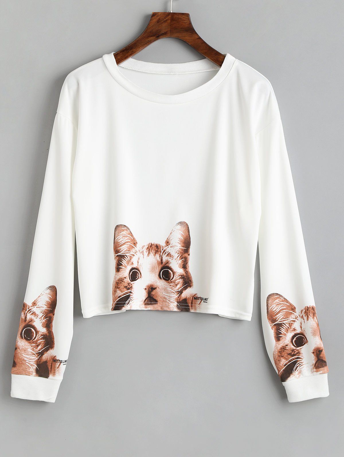 [41% OFF] 2021 Long Sleeve Cute Cat Print Crop T-shirt In WHITE | DressLily