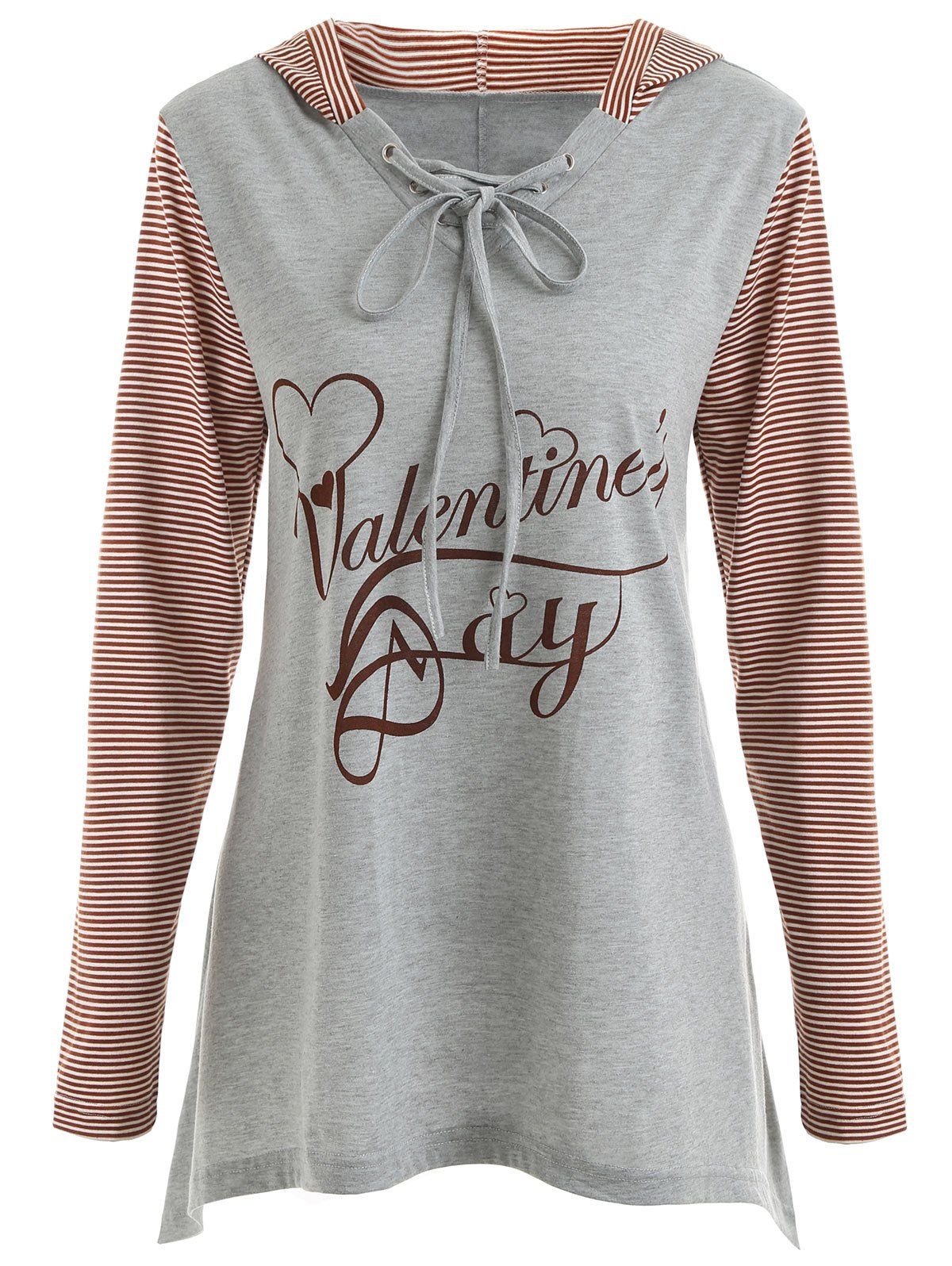 

Striped Sleeve Letter Print Valentine's Day T-shirt, Gray