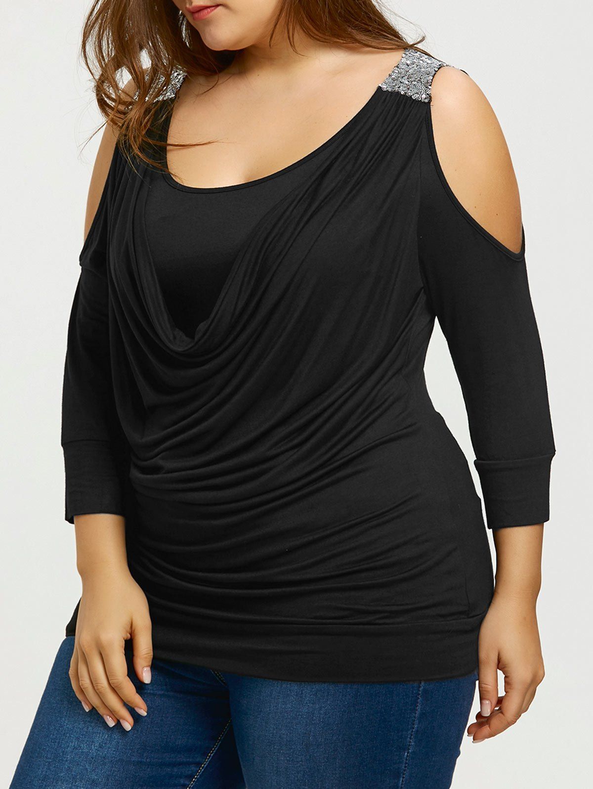 

Plus Size Sequins Cold Shoulder Draped Front T-shirt, Black