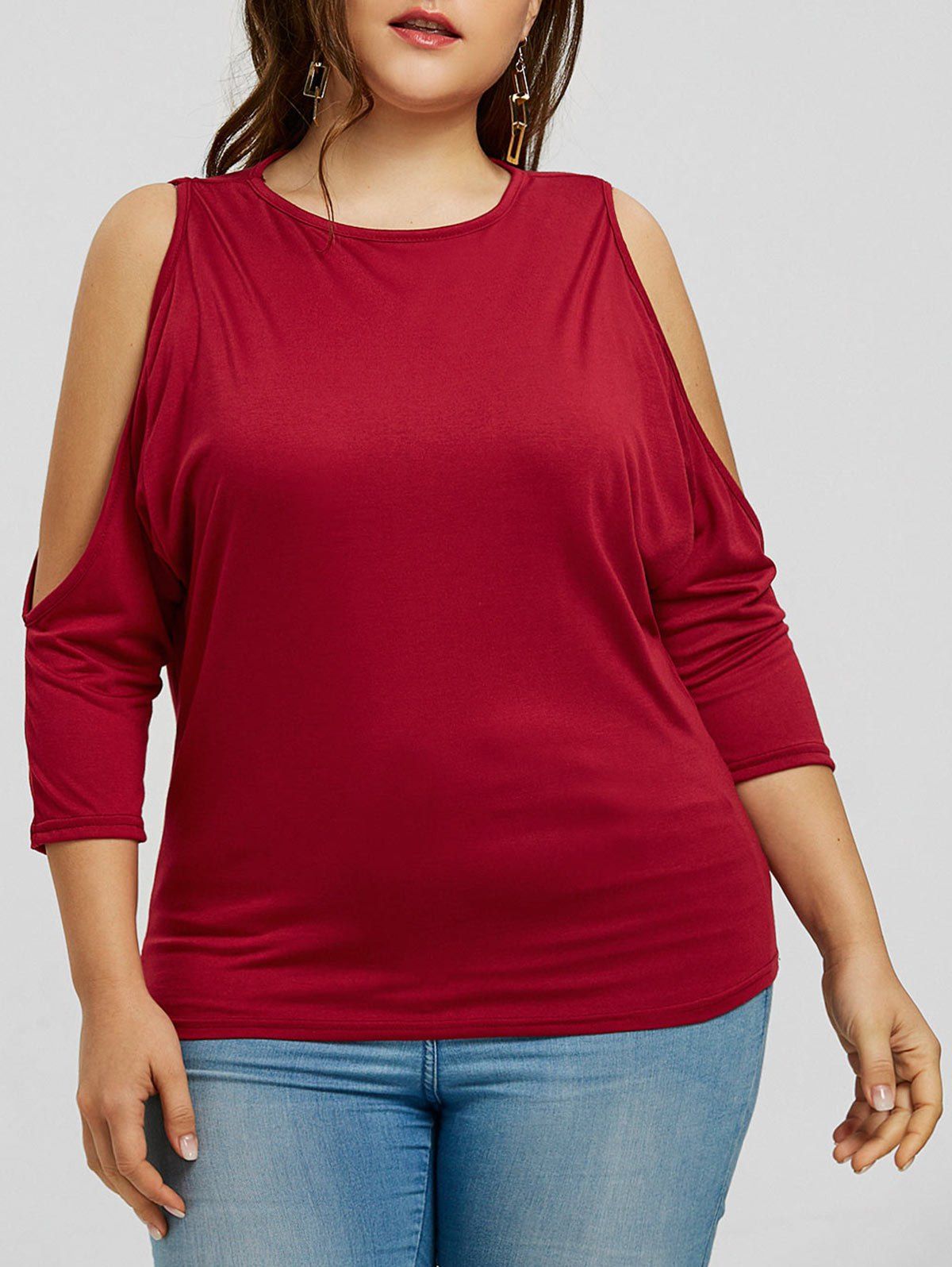 

Plus Size Batwing Sleeve Cold Shoulder Tee, Wine red