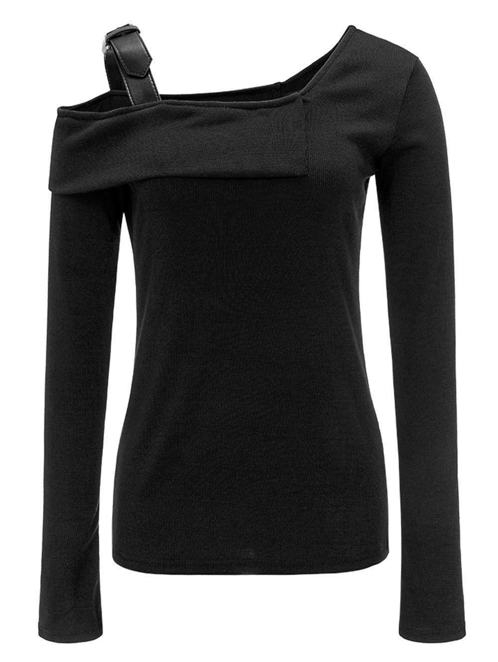 

Skew Neck Buckle Strap Rib Top, Black