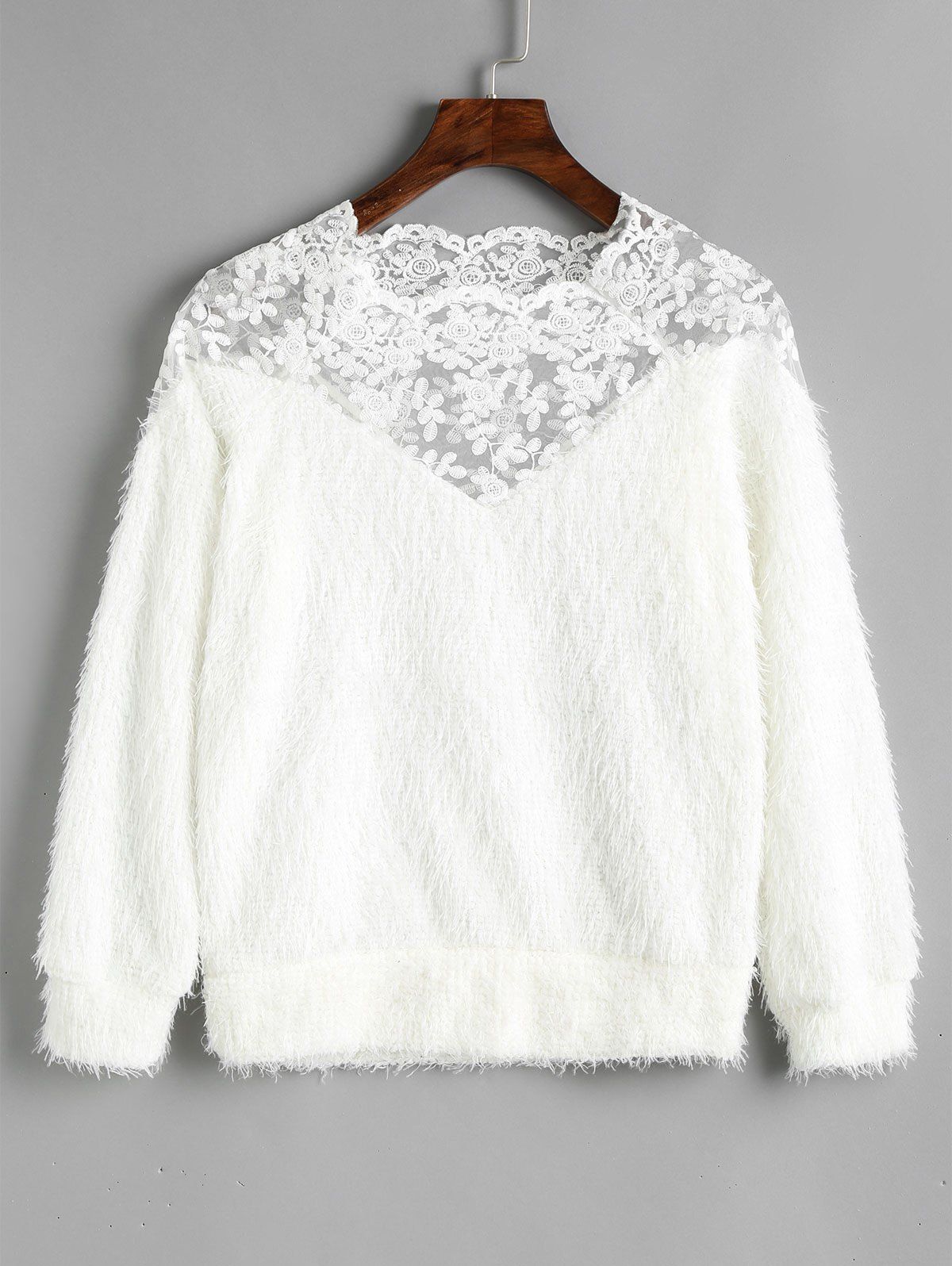 

Textured Lace Panel Raglan Sleeve Sweatshirt, White