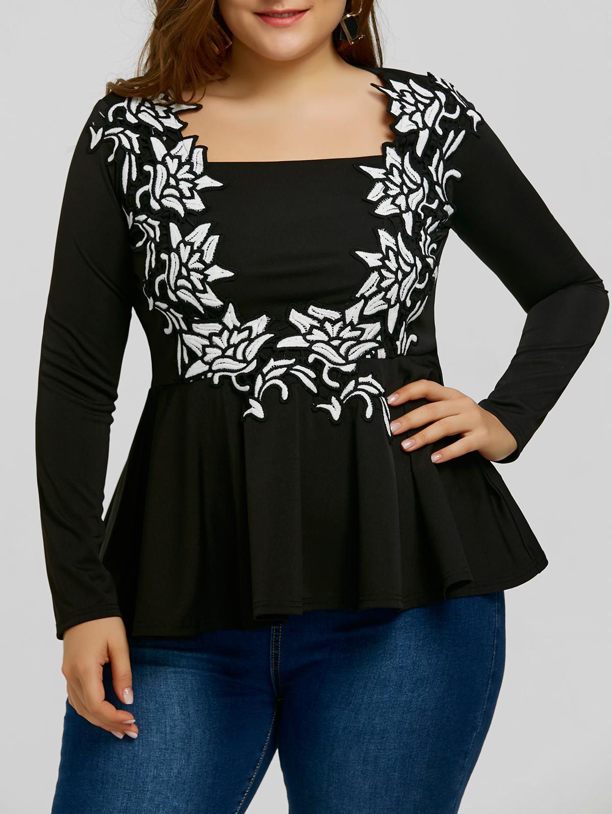 

Plus Size Embroidery Peplum T-shirt, Black