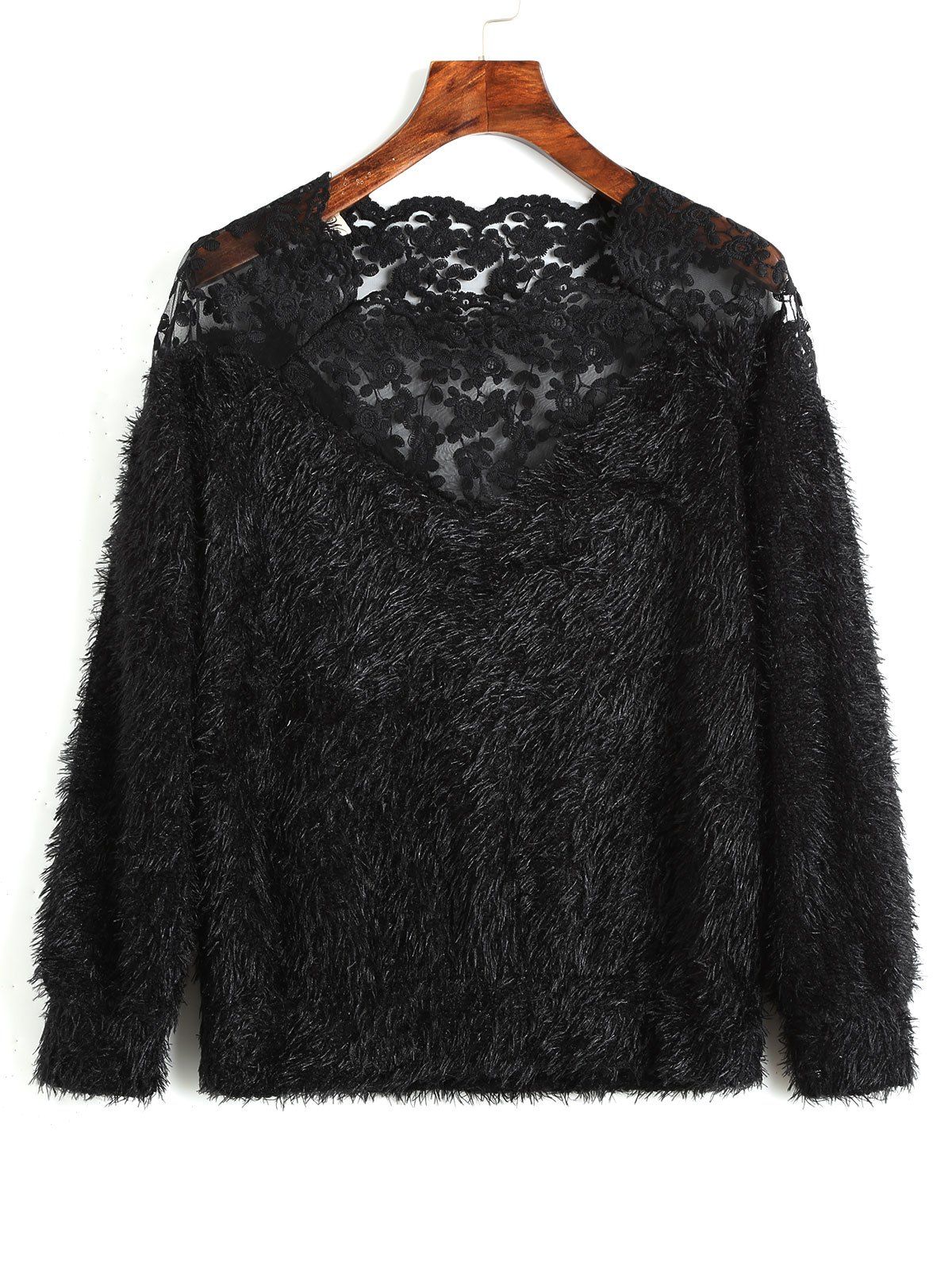 

Textured Lace Panel Raglan Sleeve Sweatshirt, Black