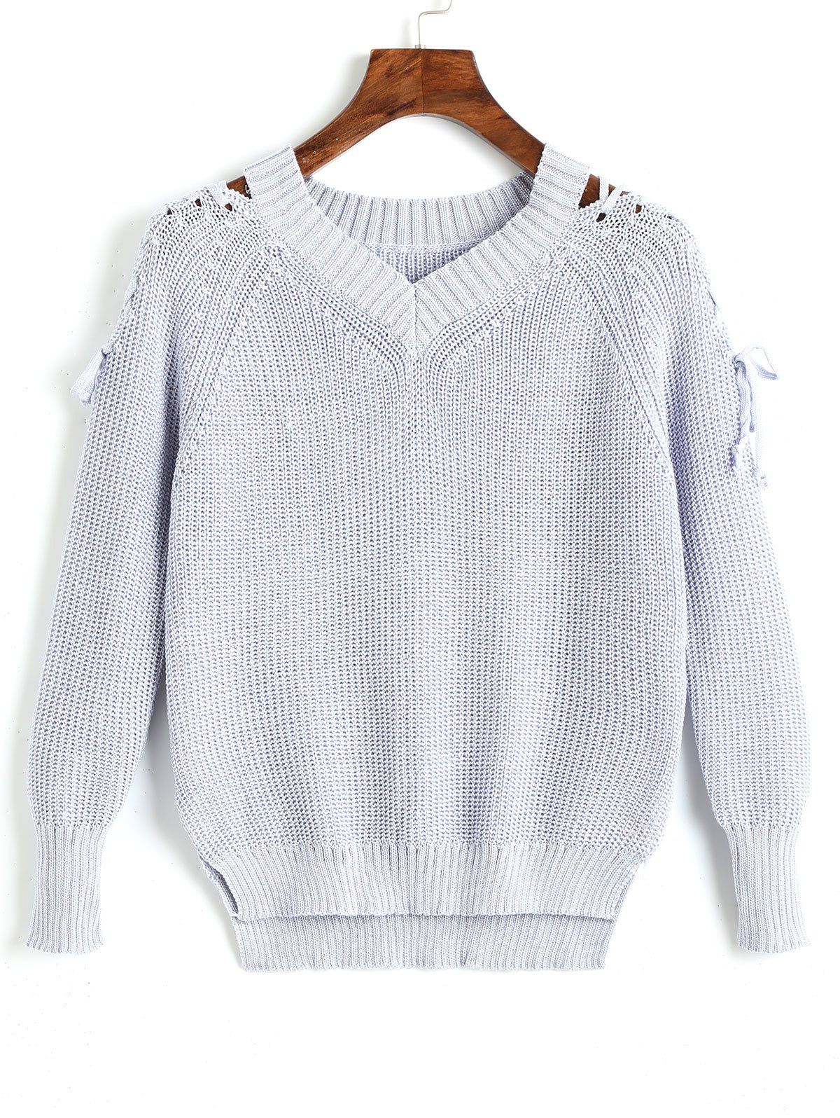 

Lace Up V Neck Raglan Sleeve Sweater, Grey blue