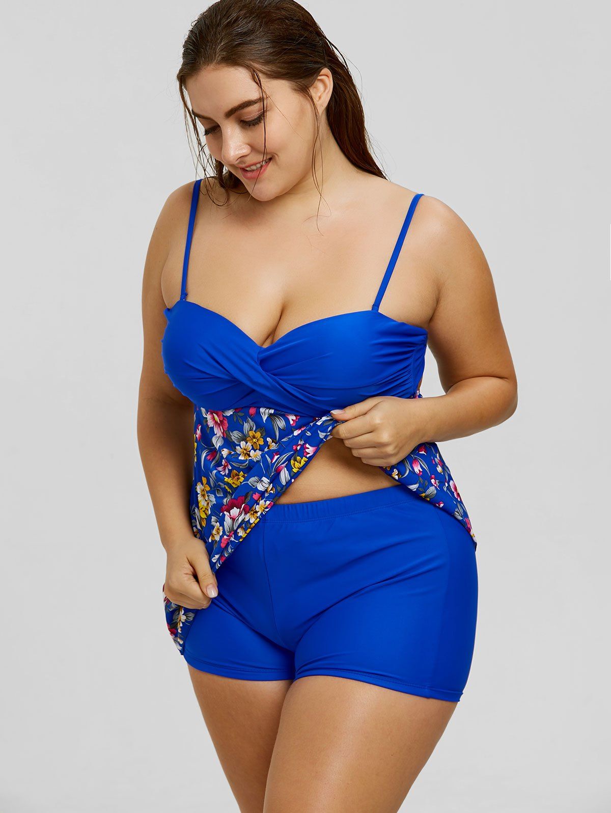 Blue Spaghetti Strap Flower Print Tankini Set