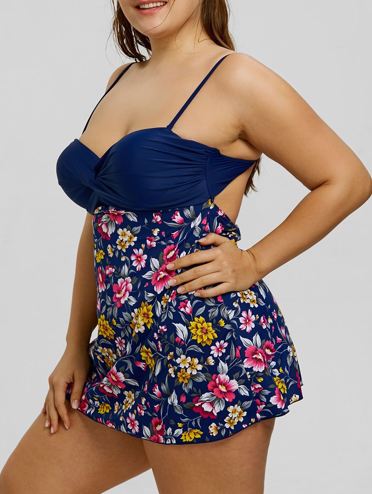 

Plus Size Spaghetti Strap Floral Print Tankini Set, Cadetblue