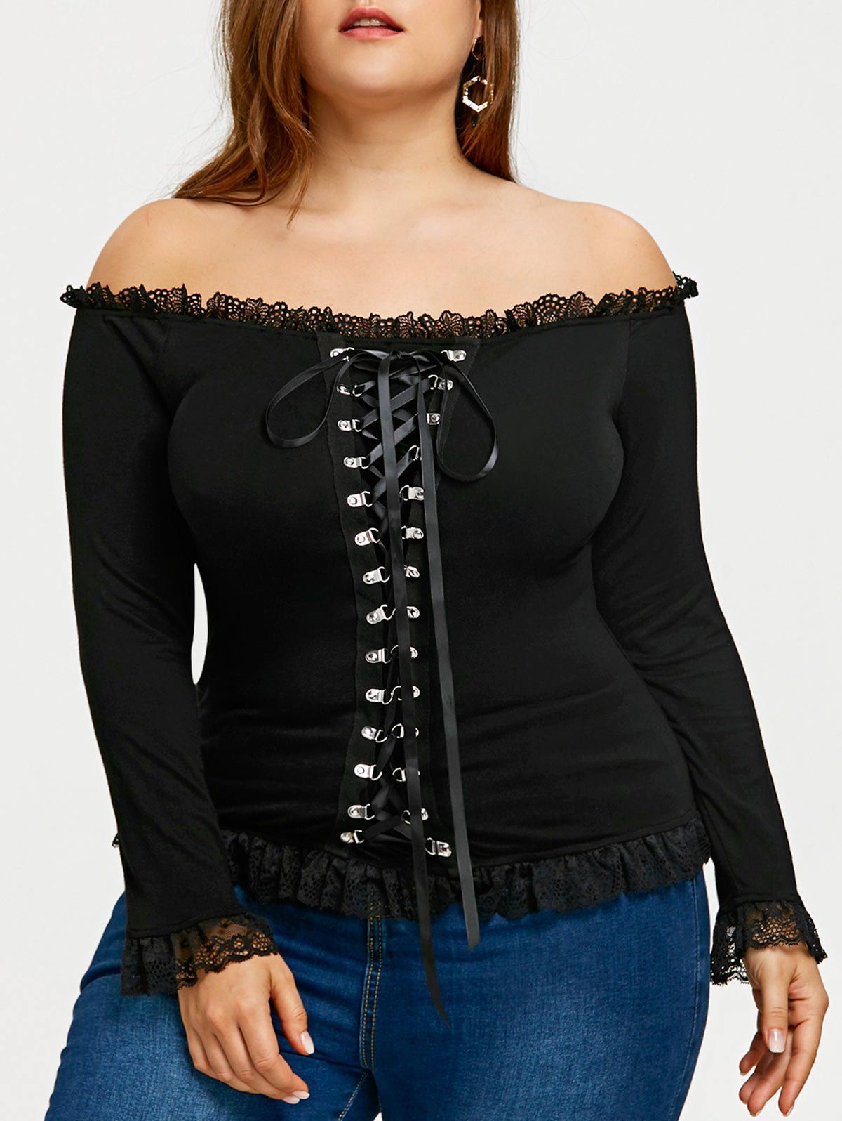 

Plus Size Slim Lace Up Top, Black