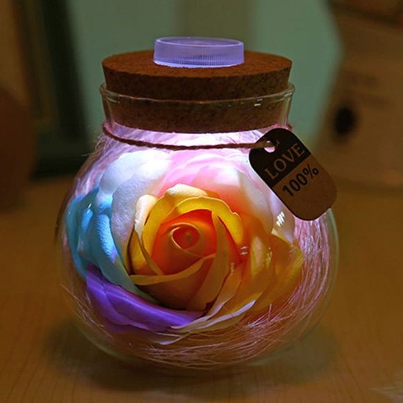 Rose Savon avec Lumière LED dans une Bouteille Cadeau pour la Saint Valentin - Jaune 