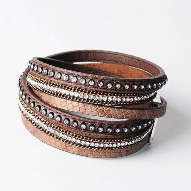 

False Leather Layered Rhinestoned Wrap Bracelet, Brown