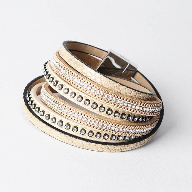 

False Leather Layered Rhinestoned Wrap Bracelet, Khaki